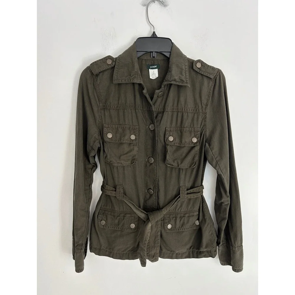 J.Crew Silk Cotton Utility Military Field Jacket Olive Green Safari Belted Sz SS